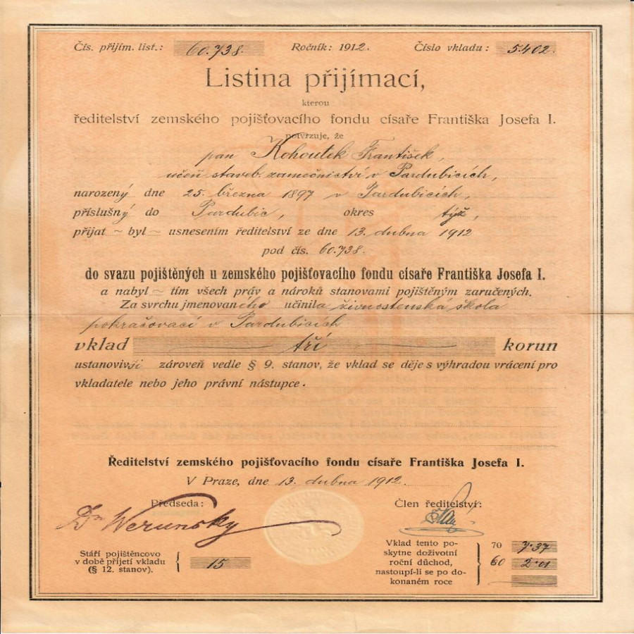 Zmluva Zemský poisťovací fond cisára Františka Jozefa I., 1912